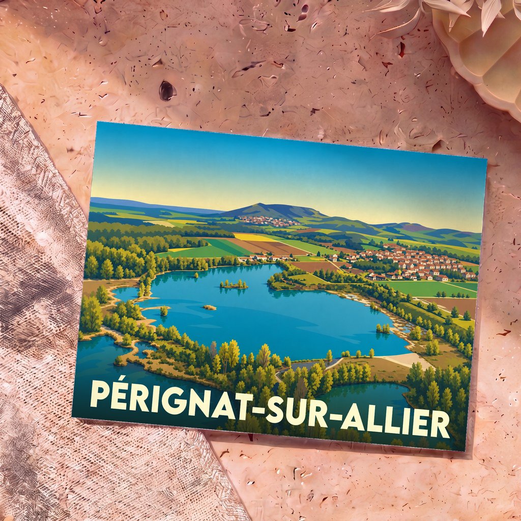 Carte postale souvenir de la ville de Pérignat-sur-Allier avec une illustration stylisée de ses paysages et de son plan d'eau.