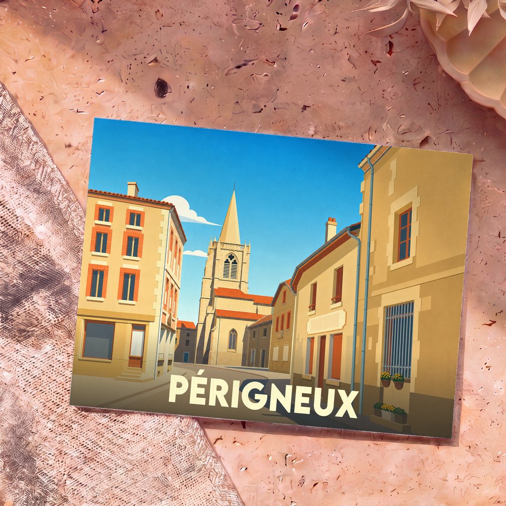 Carte postale souvenir de la ville de Périgneux avec une illustration stylisée.