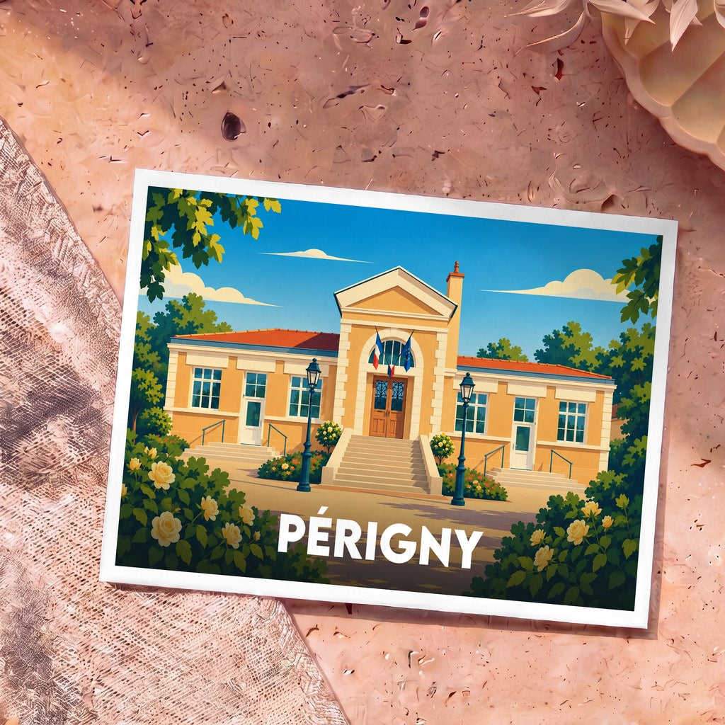 Carte postale souvenir de la ville de Périgny avec une illustration stylisée de la mairie.