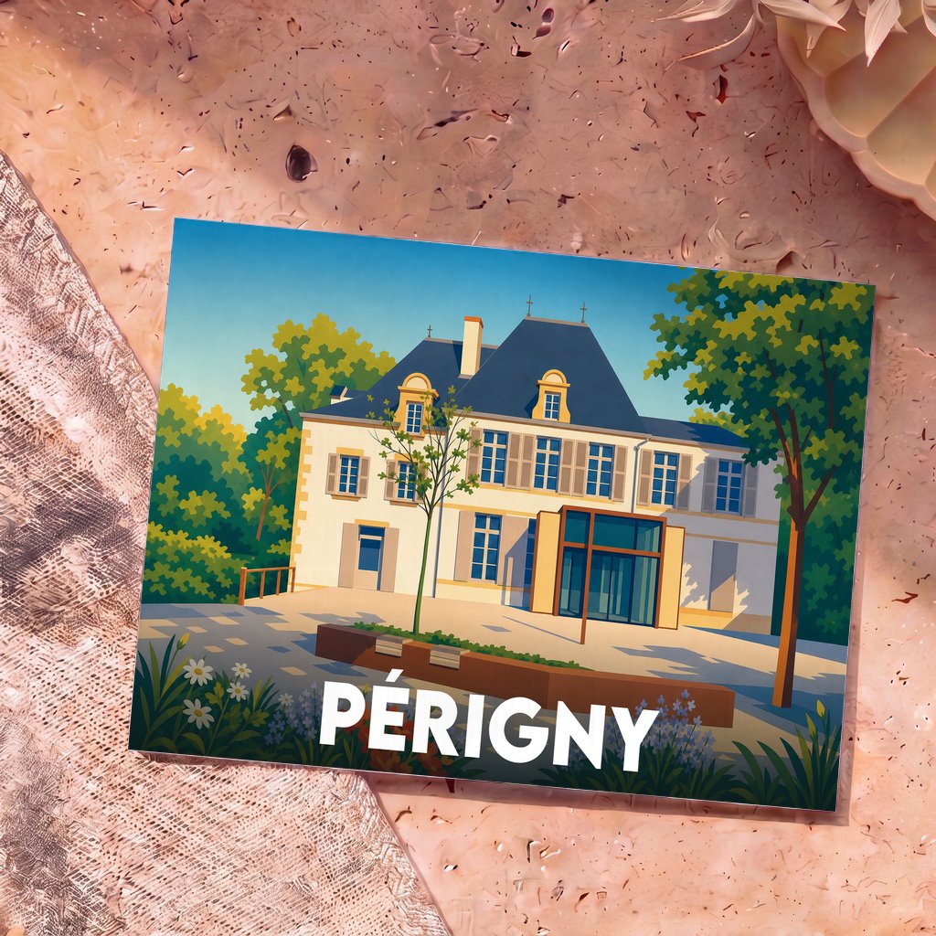 Carte postale souvenir de la ville de Périgny représentant une illustration stylisée de sa mairie.