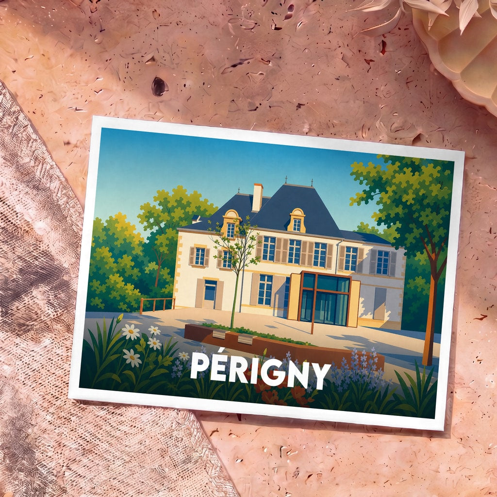 Carte postale souvenir de la ville de Périgny représentant une illustration stylisée de sa mairie.