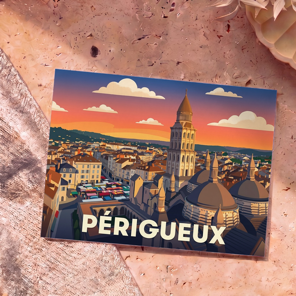 Carte postale souvenir de la ville de Périgueux illustrant sa cathédrale et ses toits au coucher du soleil dans un style rétro.