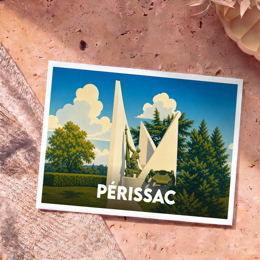 Carte postale souvenir de la ville de Périssac avec une illustration stylisée de son monument aux morts.