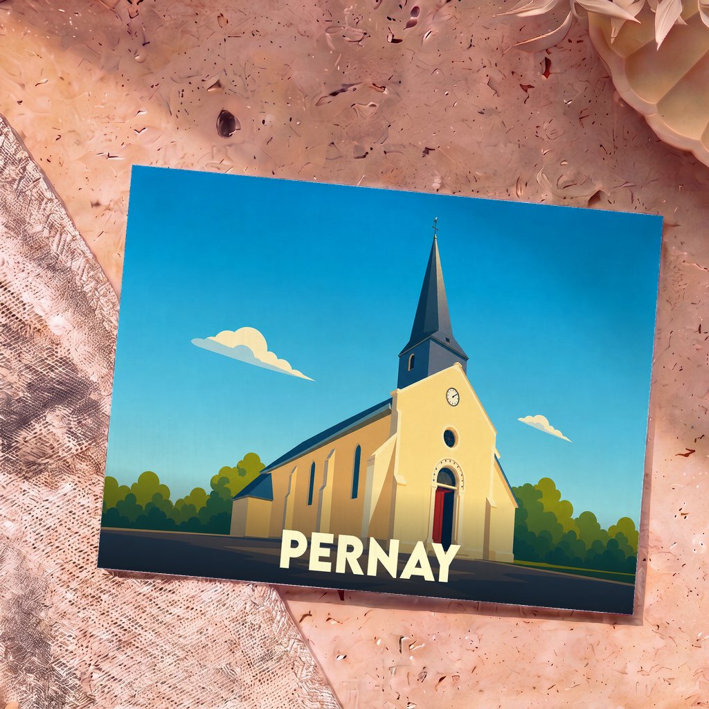 Carte postale souvenir de la ville de Pernay avec une illustration stylisée de son église.
