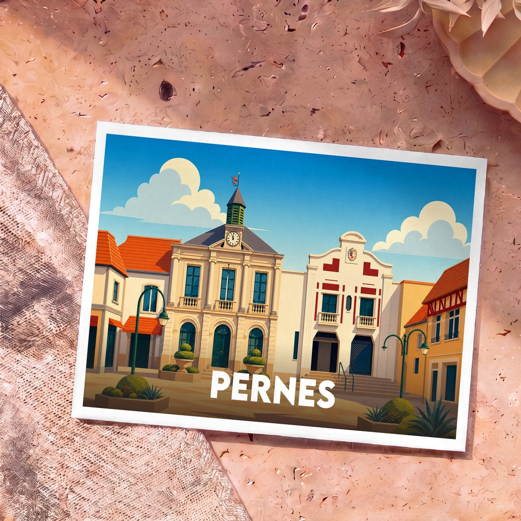 Carte postale souvenir de la ville de Pernes avec une illustration stylisée de sa place principale.