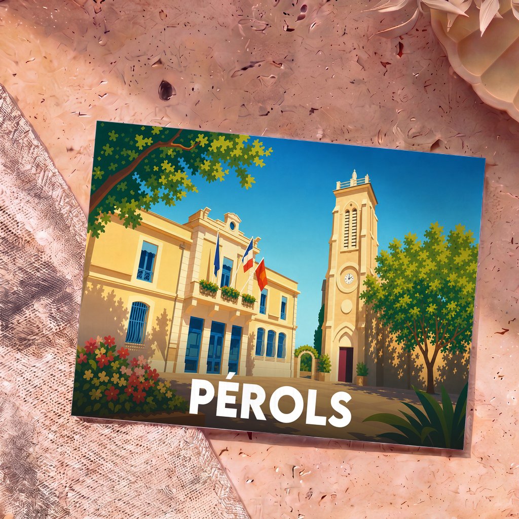 Carte postale souvenir de la ville de Pérols avec une illustration stylisée de la mairie et de son clocher.