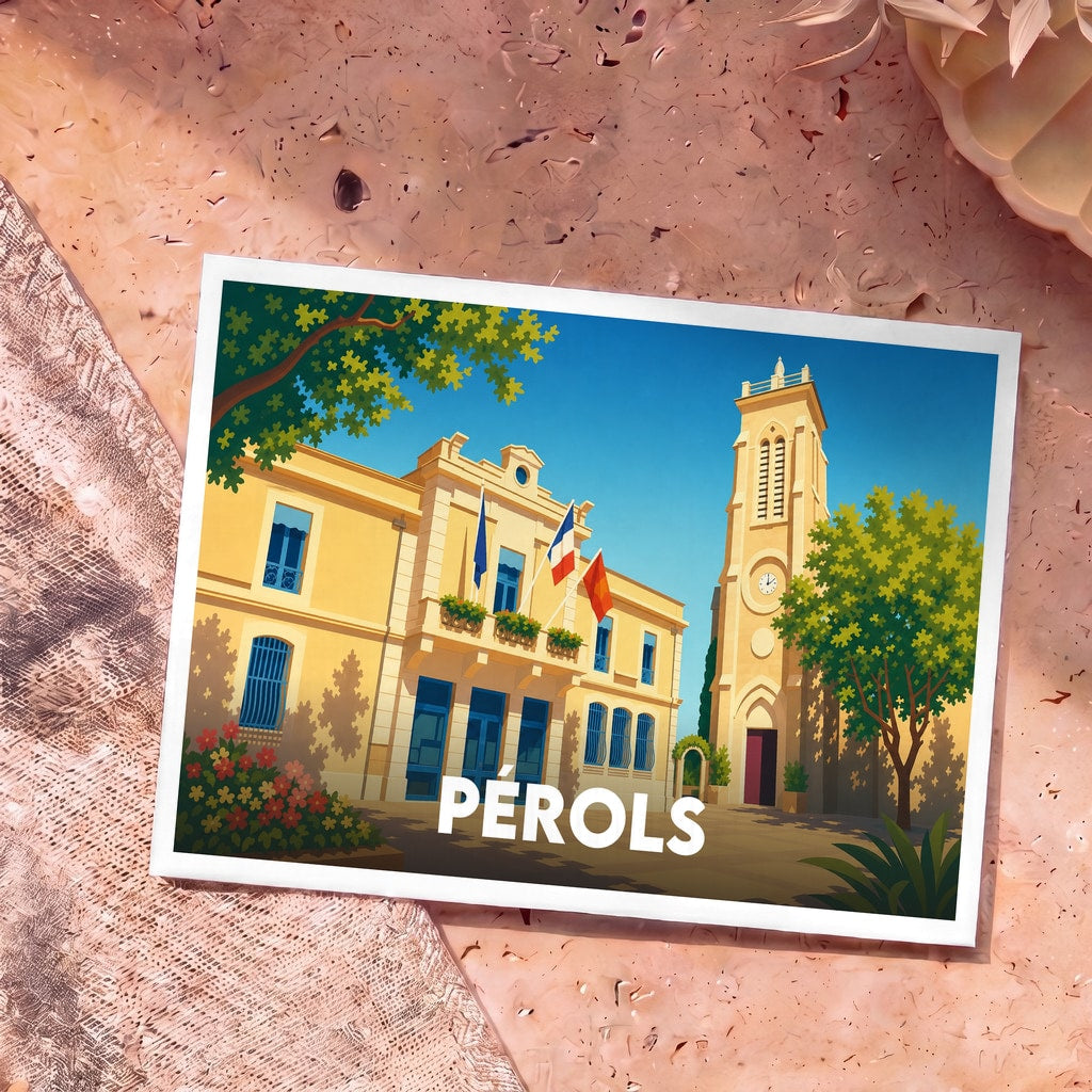 Carte postale souvenir de la ville de Pérols avec une illustration stylisée de la mairie et de son clocher.