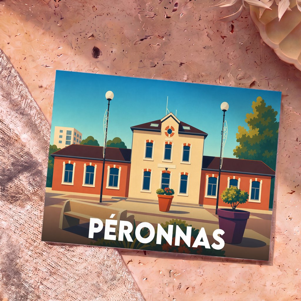 Carte postale souvenir de la ville de Péronnas avec une illustration stylisée de sa mairie.