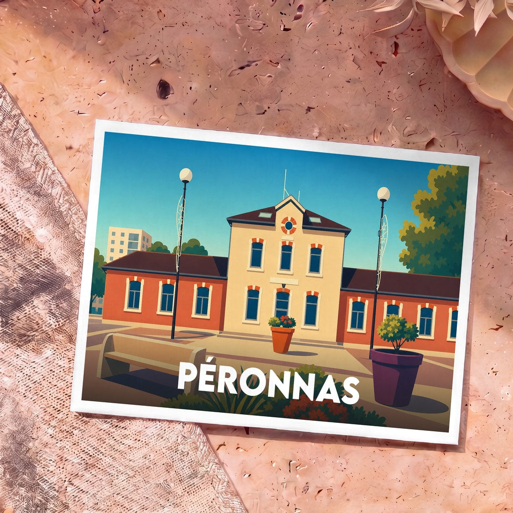Carte postale souvenir de la ville de Péronnas avec une illustration stylisée de sa mairie.