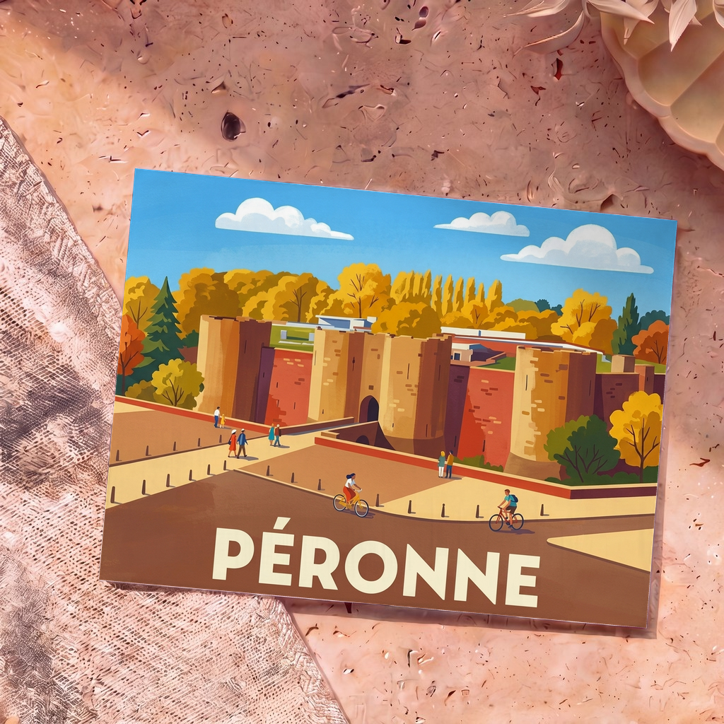 Carte postale souvenir de la ville de Péronne avec une illustration stylisée de son château fort en automne.