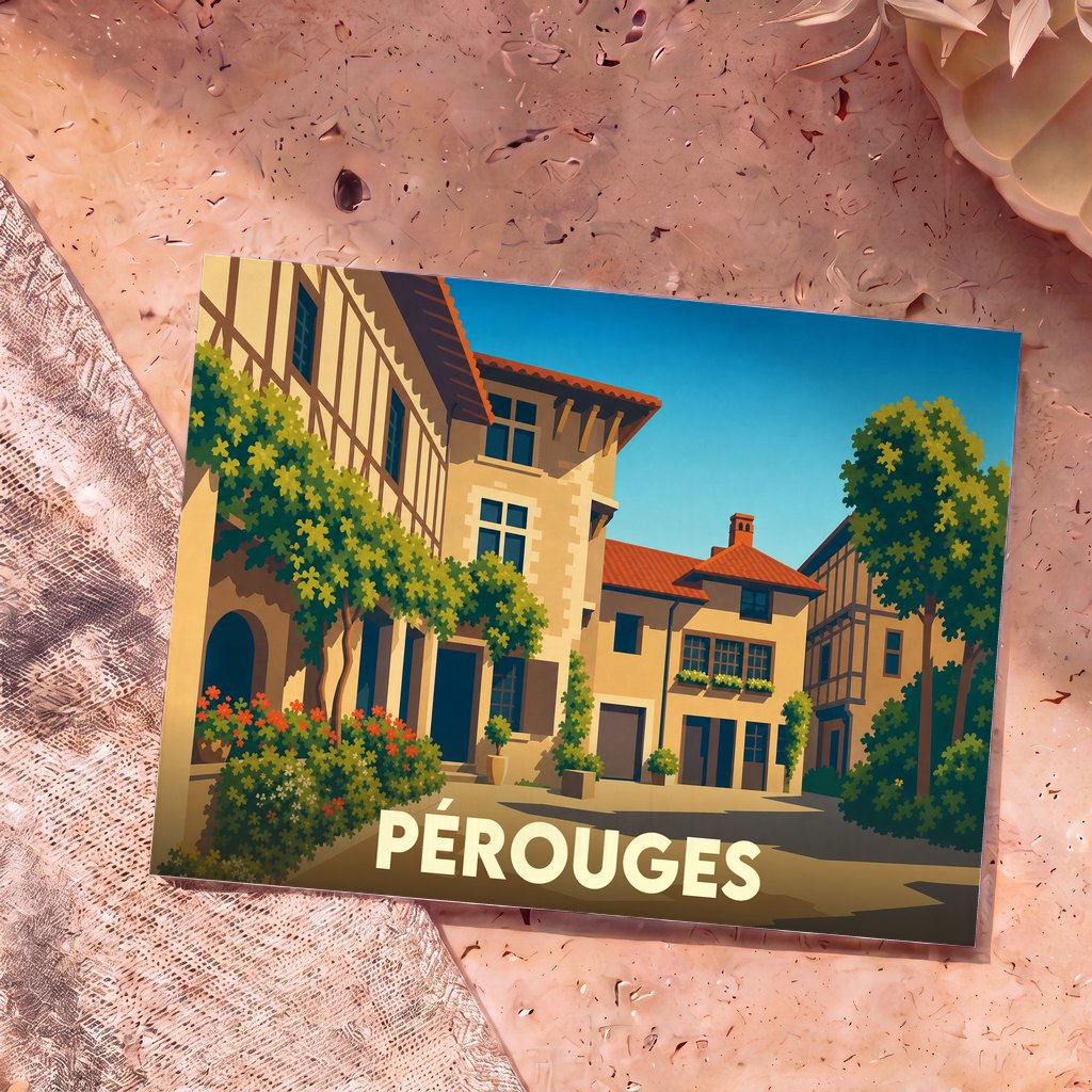 Carte postale souvenir de la ville de Pérouges avec une illustration stylisée de ses façades médiévales fleuries.