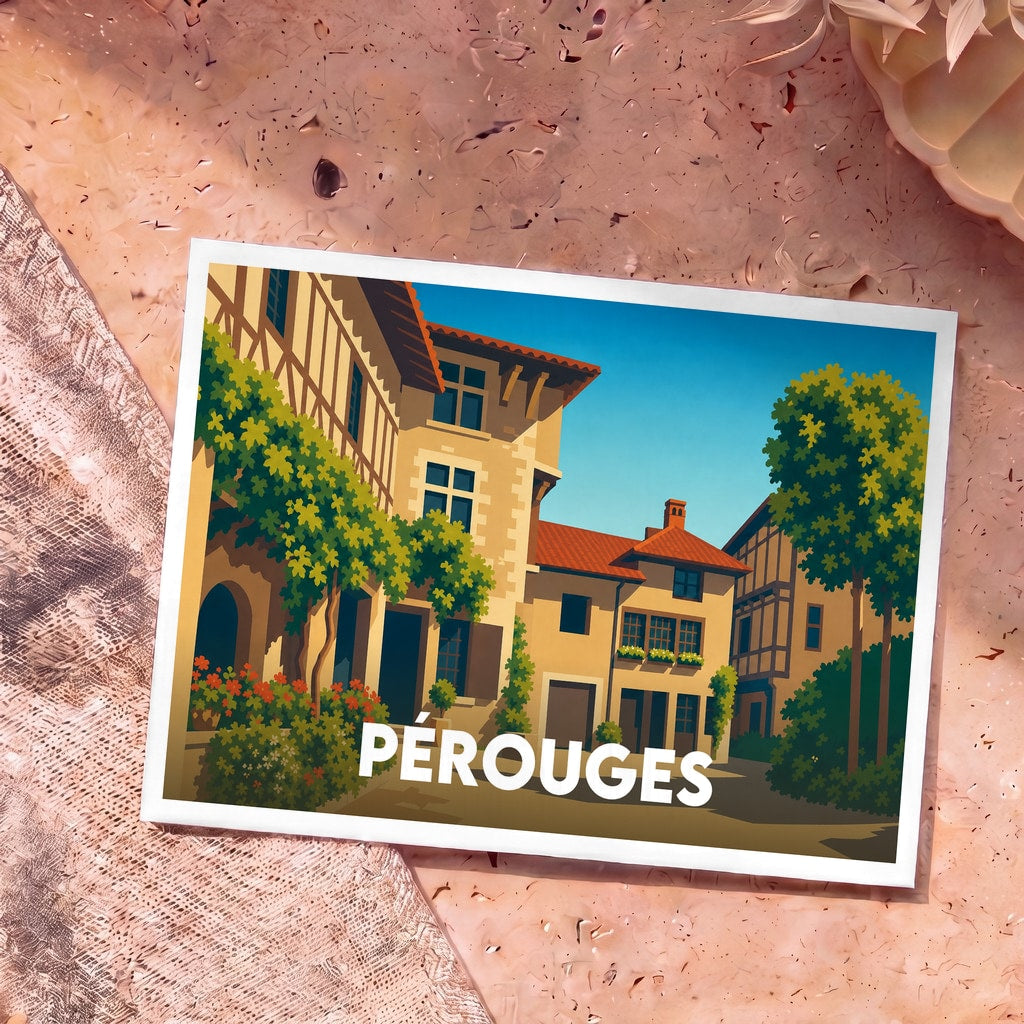 Carte postale souvenir de la ville de Pérouges avec une illustration stylisée de ses façades médiévales fleuries.