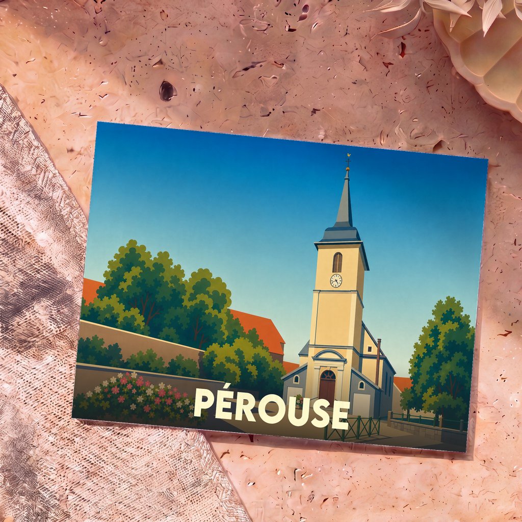 Carte postale souvenir de la ville de Pérouse illustrée d'un dessin stylisé de son église.