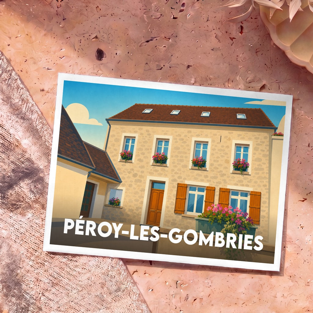 Carte postale souvenir de la ville de Péroy-les-Gombries avec une illustration stylisée d'une maison fleurie.