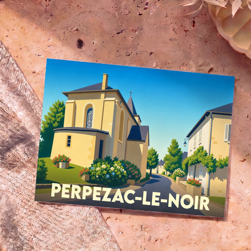 Carte postale souvenir de la ville de Perpezac-le-Noir avec une illustration stylisée du village sous un ciel bleu.