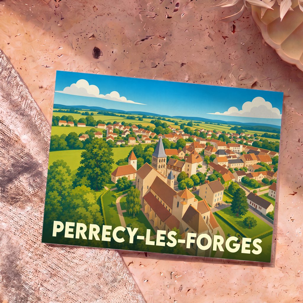 Carte postale souvenir de Perrecy-les-Forges illustrant le village et son église dans un style graphique épuré.