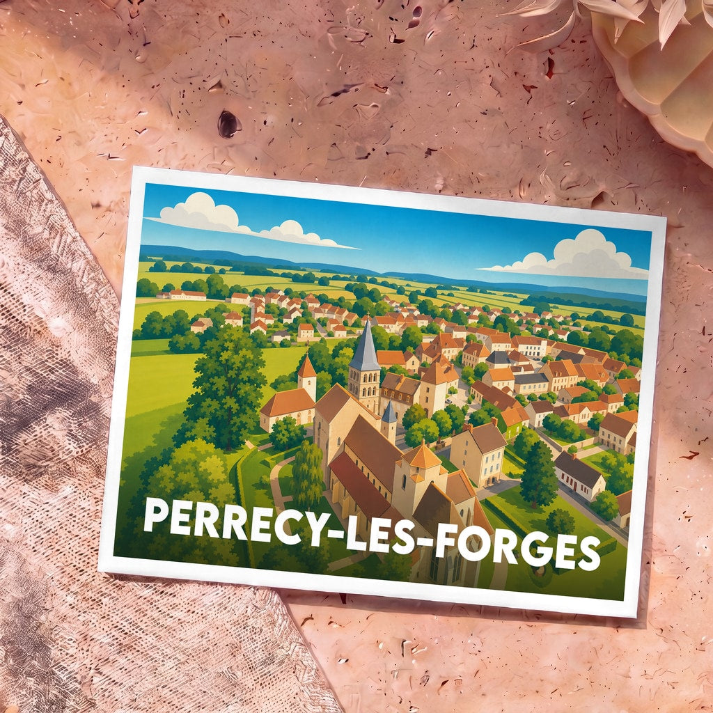 Carte postale souvenir de Perrecy-les-Forges illustrant le village et son église dans un style graphique épuré.
