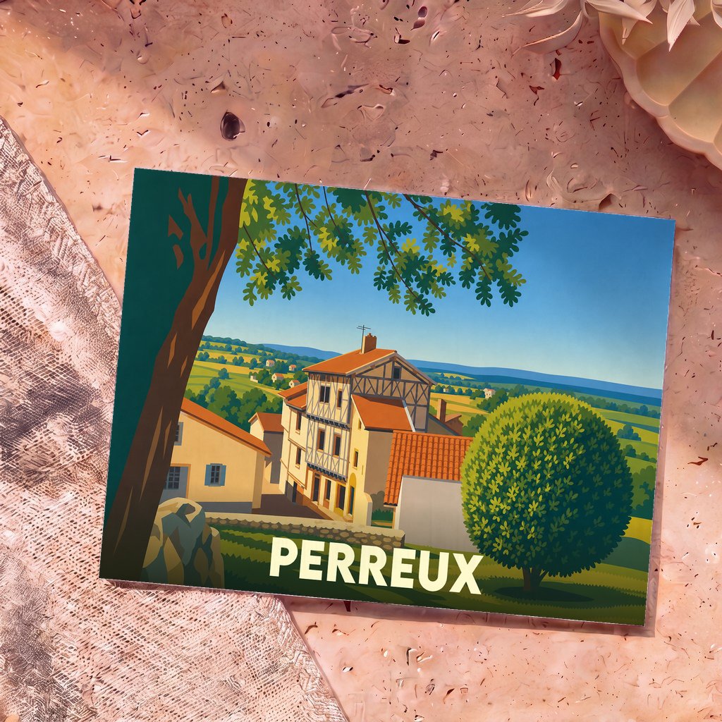 Carte postale souvenir de la ville de Perreux avec une illustration stylisée d'un village et de son paysage vallonné.