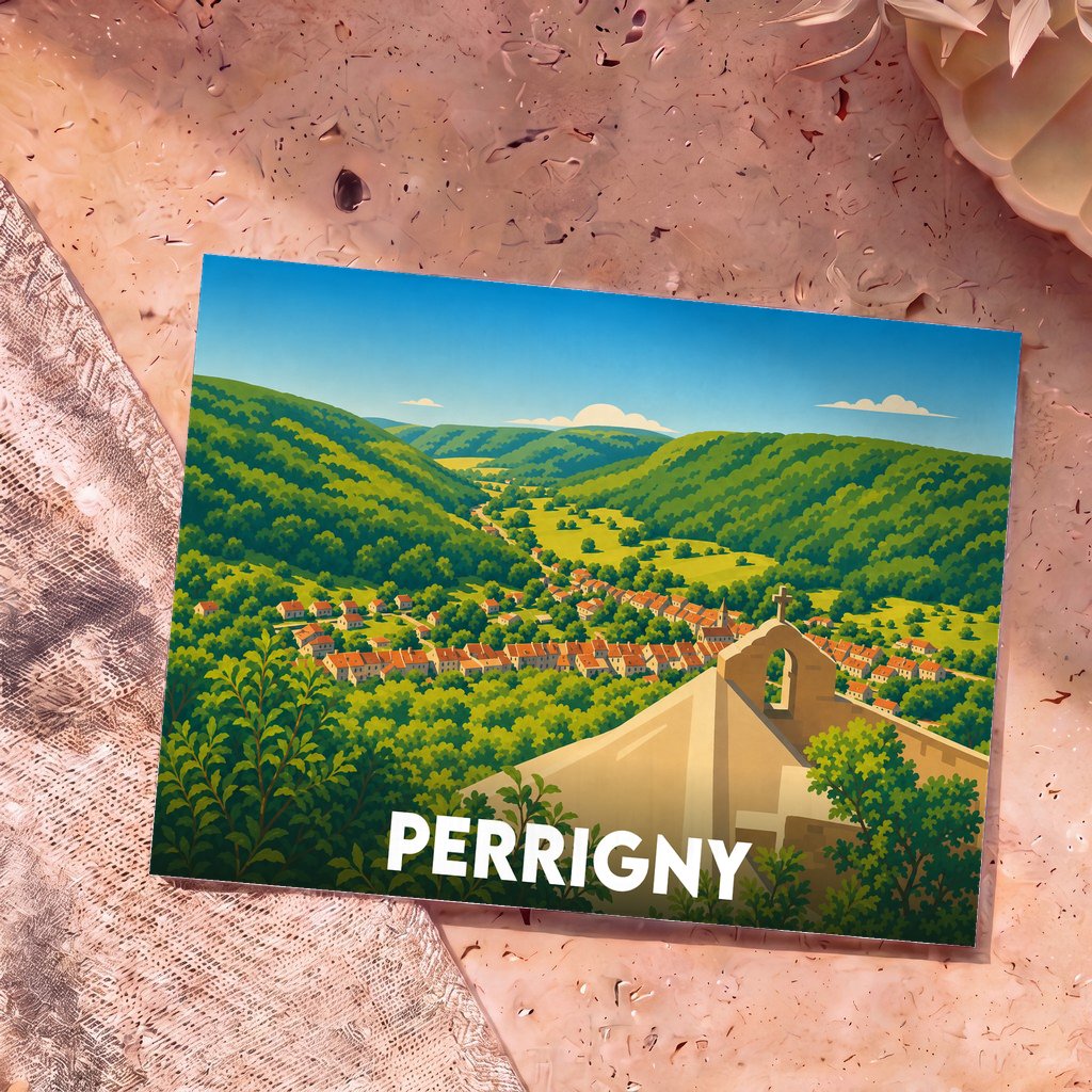 Carte postale souvenir de la ville de Perrigny illustrée par un paysage vallonné et coloré.