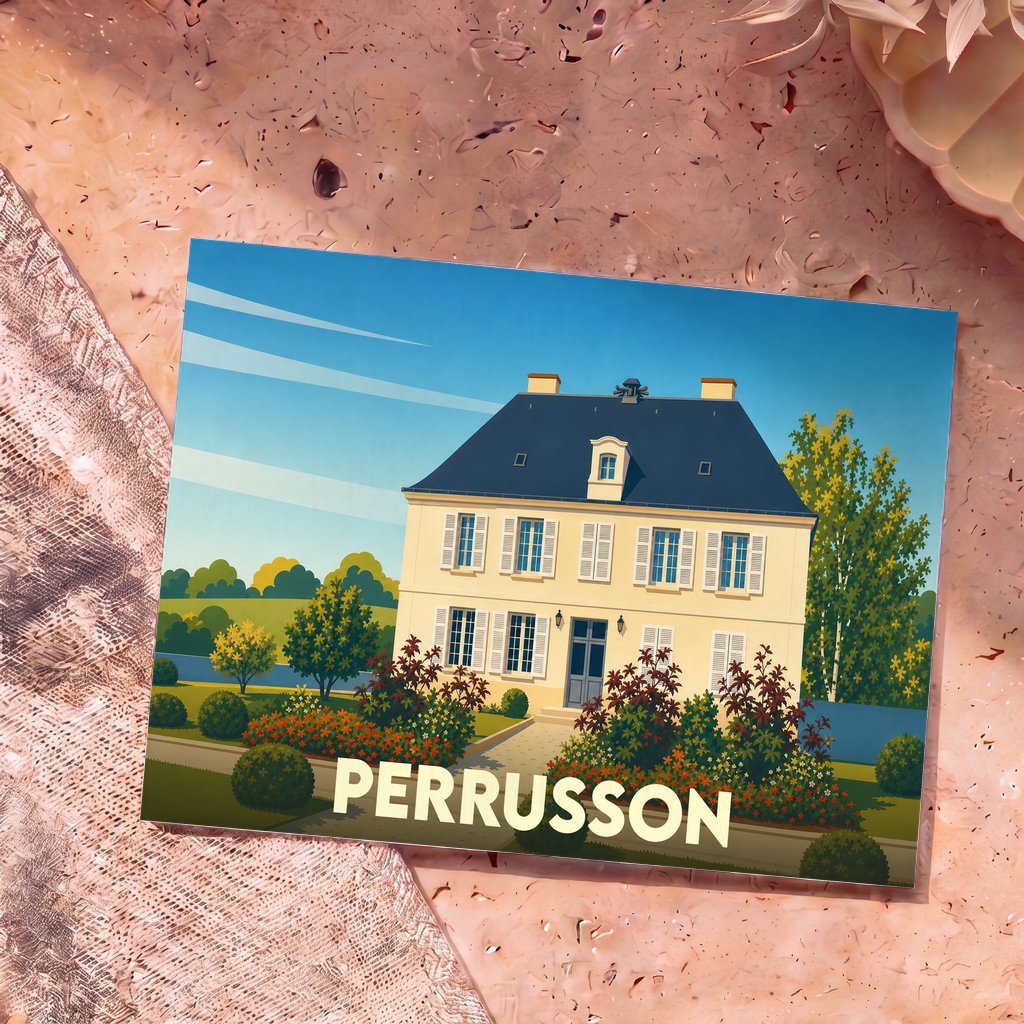 Carte postale souvenir de la ville de Perrusson avec une illustration stylisée d'une grande maison de maître et son jardin fleuri.