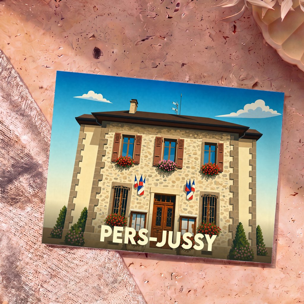 Carte postale souvenir de la ville de Pers-Jussy illustrant une bâtisse traditionnelle en pierre.
