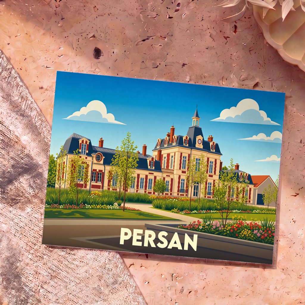 Carte postale souvenir de la ville de Persan avec une illustration stylisée de son hôtel de ville.