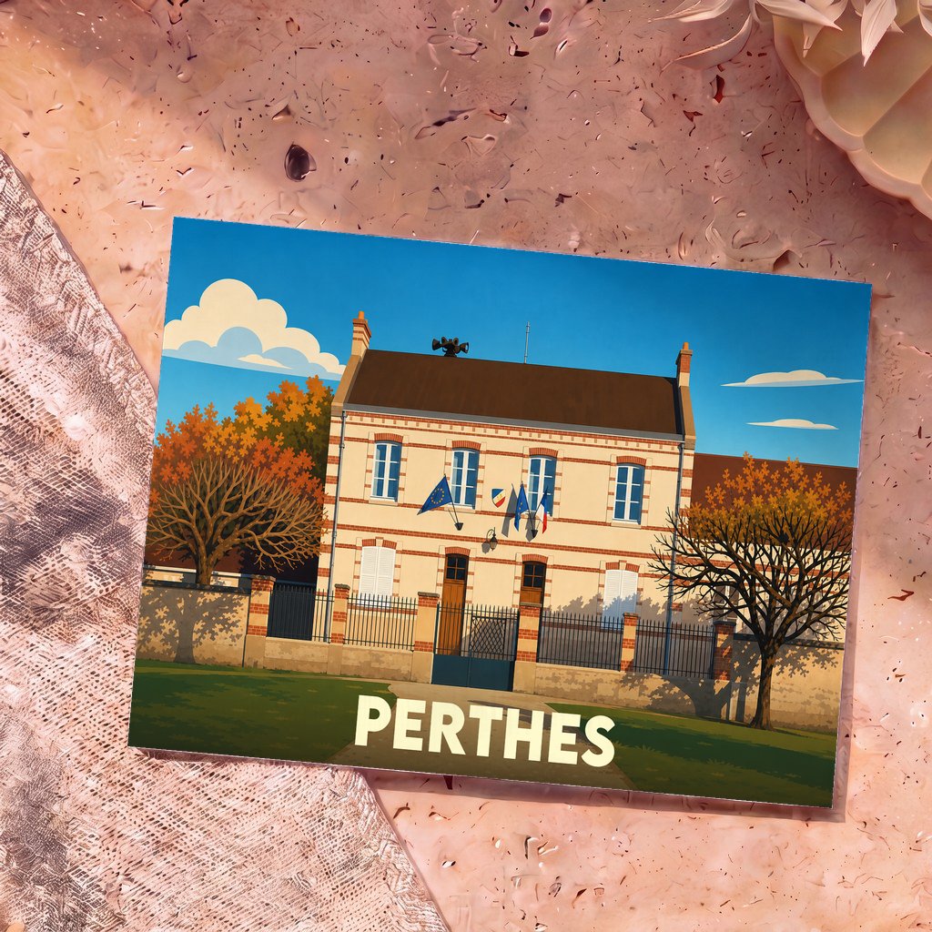 Carte postale souvenir de la ville de Perthes avec une illustration stylisée de sa mairie.