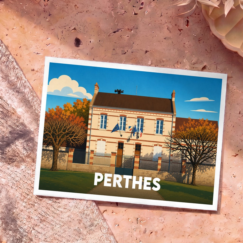 Carte postale souvenir de la ville de Perthes avec une illustration stylisée de sa mairie.