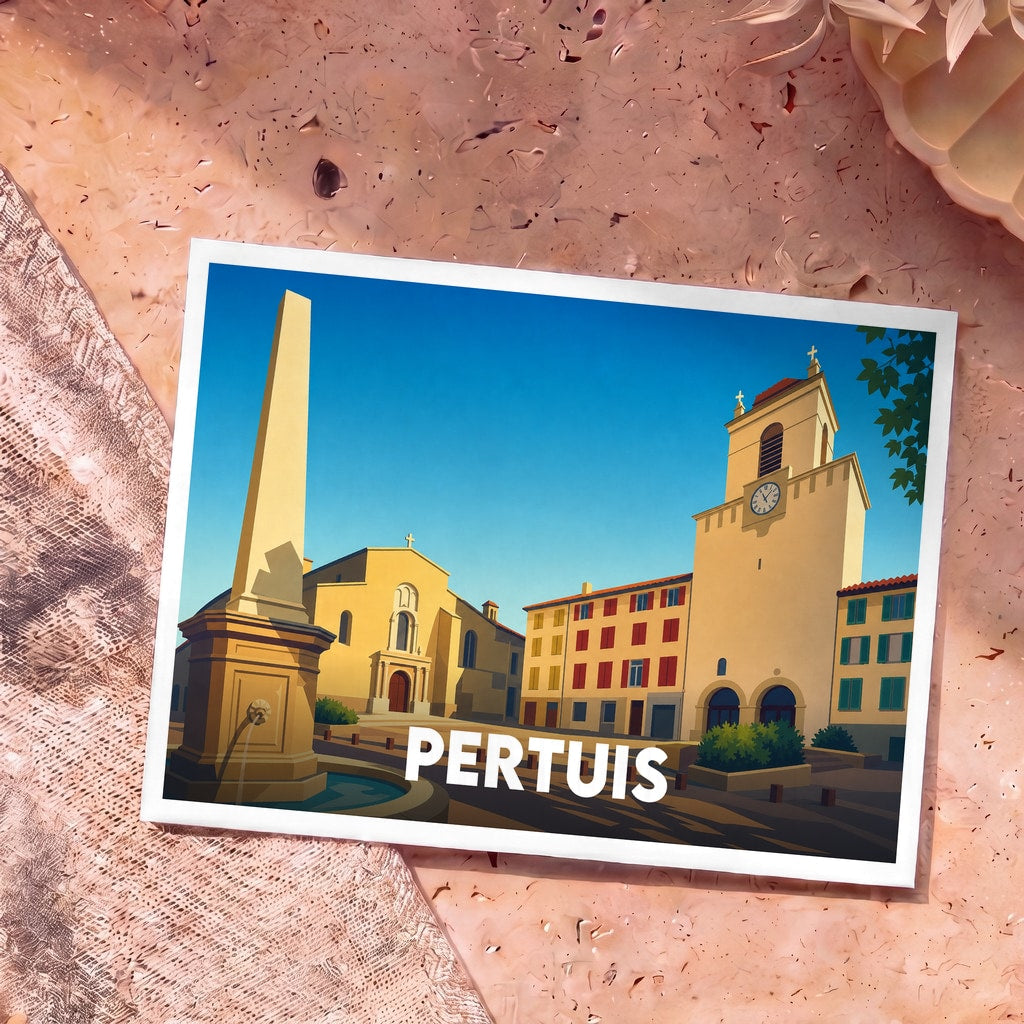 Carte postale souvenir de la ville de Pertuis avec une illustration stylisée de sa place principale.