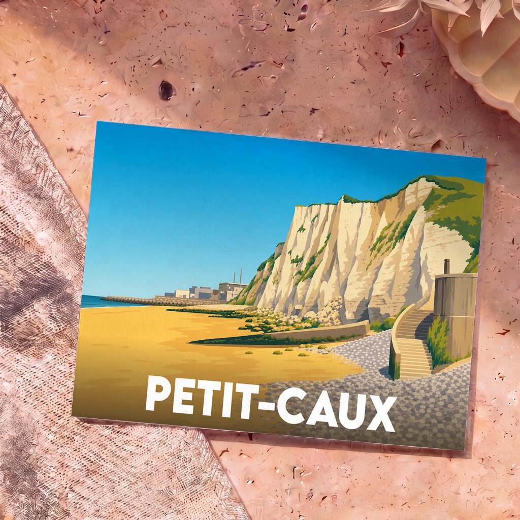 Carte postale souvenir de la ville de Petit-Caux avec une illustration stylisée de ses falaises et de sa plage.