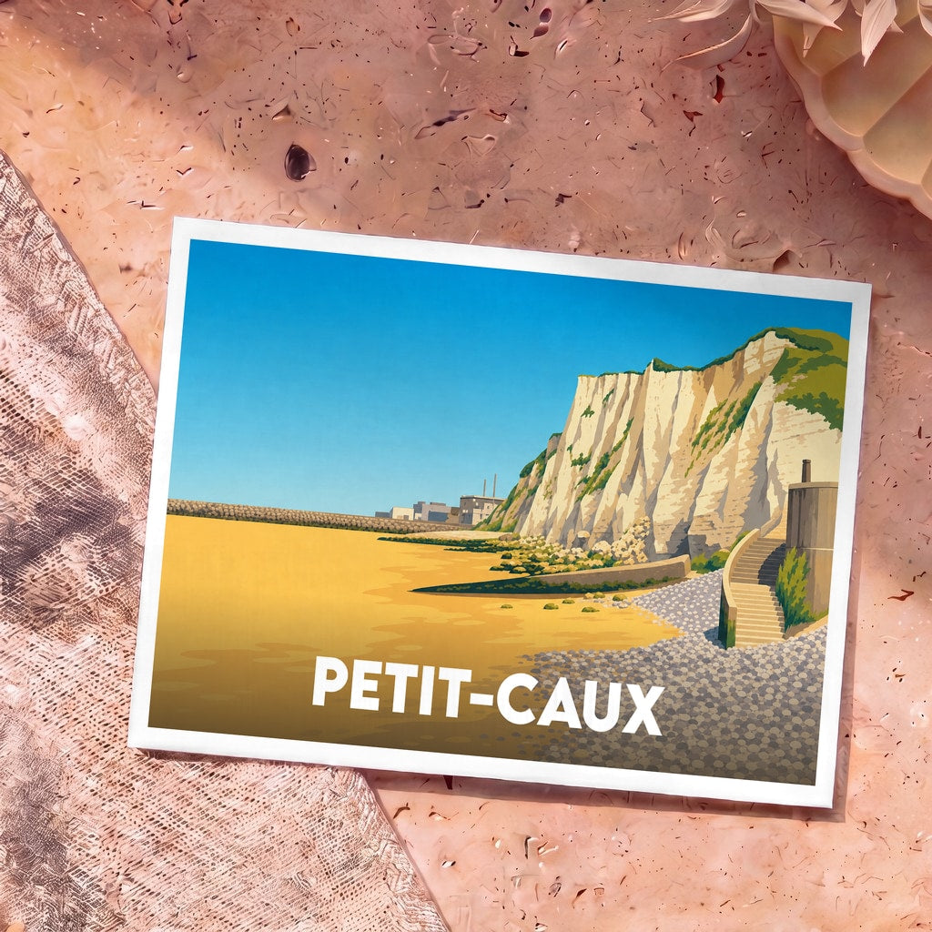Carte postale souvenir de la ville de Petit-Caux avec une illustration stylisée de ses falaises et de sa plage.