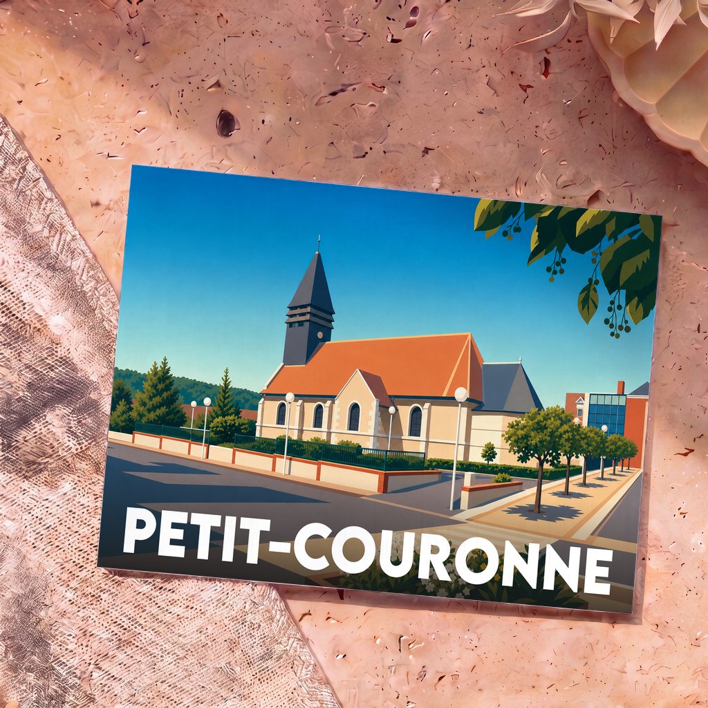 Carte postale souvenir de la ville de Petit-Couronne avec une illustration stylisée de son église.