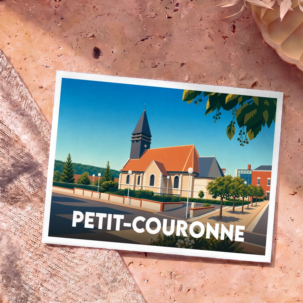 Carte postale souvenir de la ville de Petit-Couronne avec une illustration stylisée de son église.