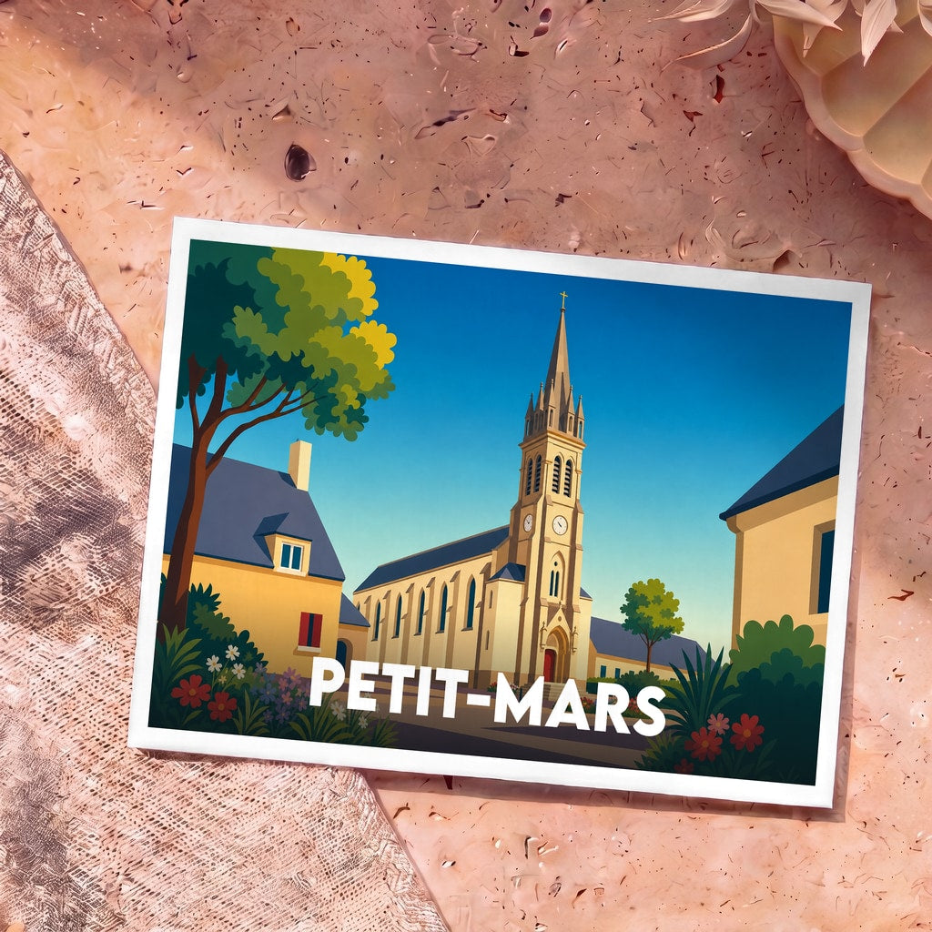 Carte postale souvenir de la ville de Petit-Mars avec une illustration stylisée de son église et de ses maisons.