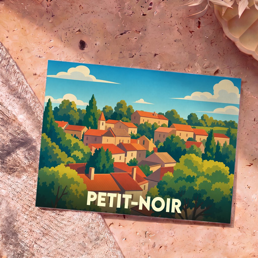 Carte postale souvenir de la ville de Petit-Noir avec une illustration stylisée de son paysage urbain et verdoyant.