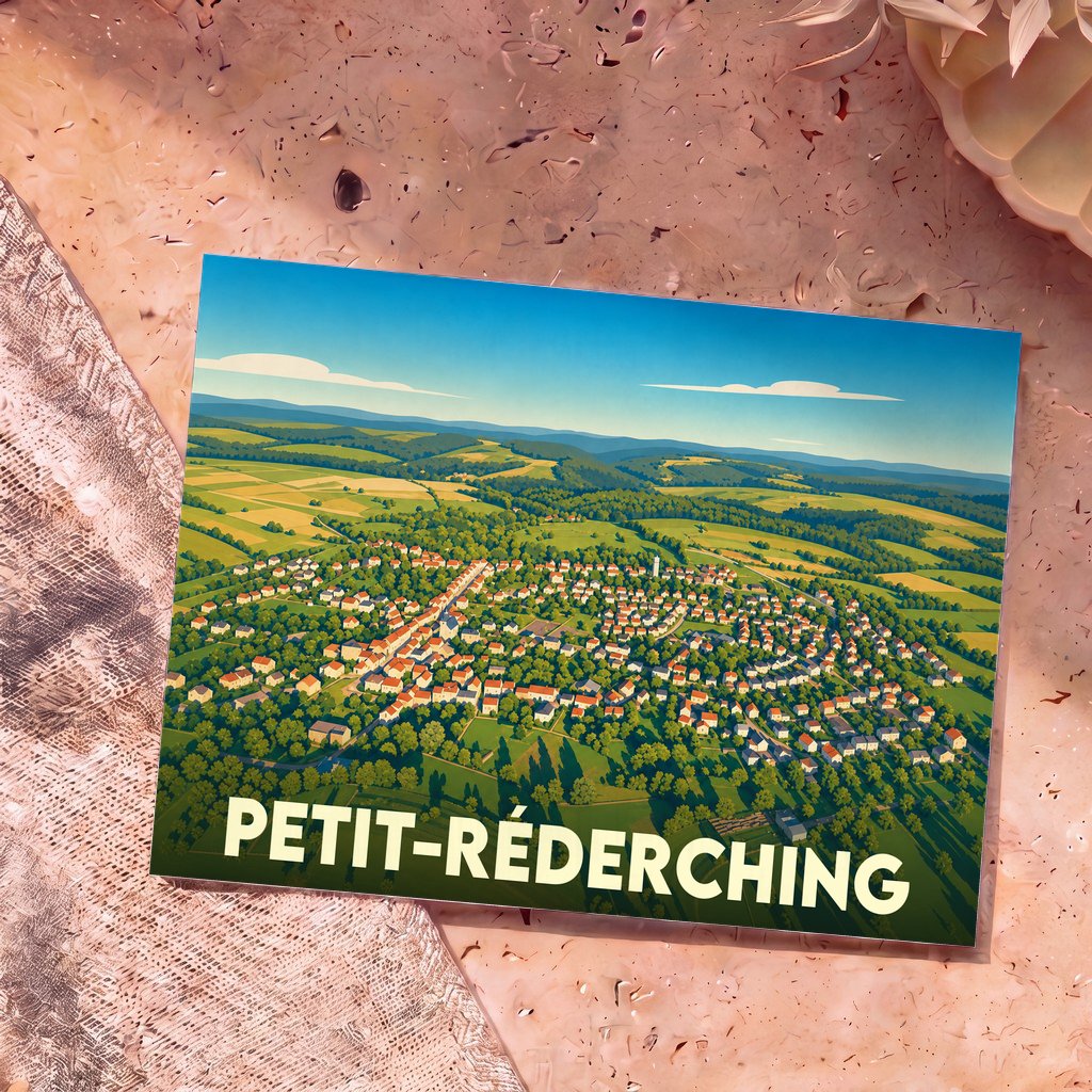 Carte postale souvenir de la commune de Petit-Réderching avec une vue aérienne illustrée et stylisée du village.