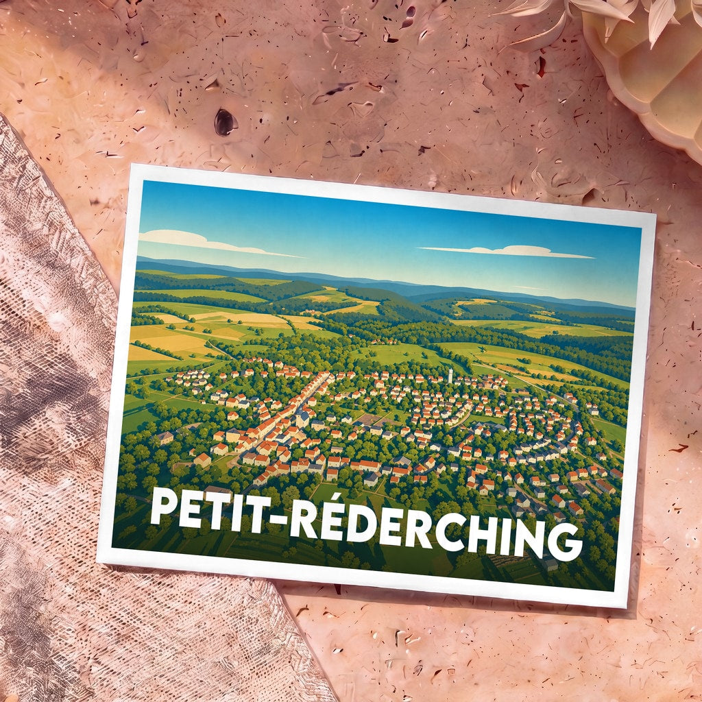Carte postale souvenir de la commune de Petit-Réderching avec une vue aérienne illustrée et stylisée du village.