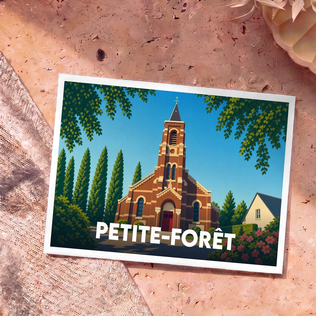 Carte postale souvenir de la ville de Petite-Forêt avec une illustration stylisée de son église.