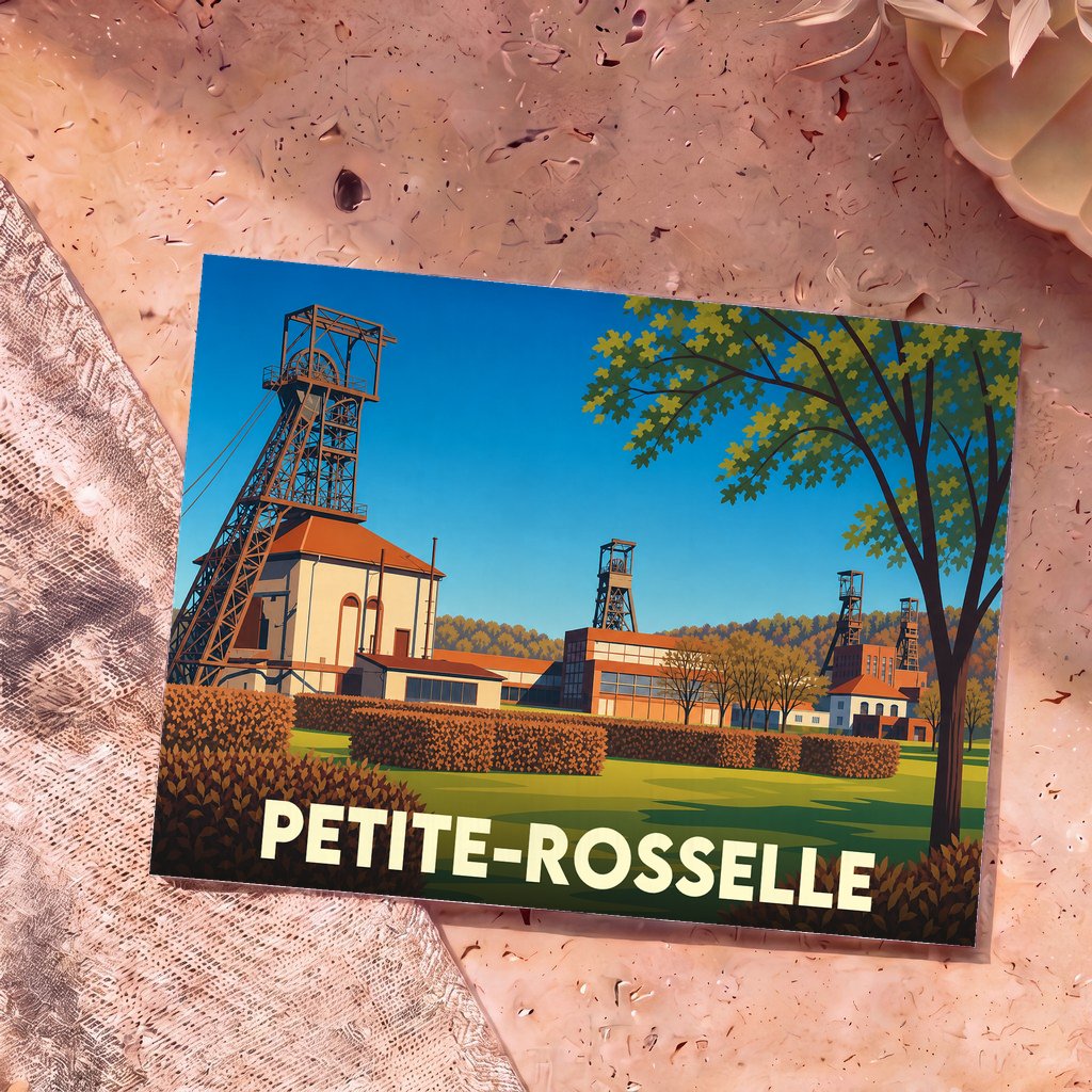 Carte postale souvenir de la ville de Petite-Rosselle avec une illustration stylisée d'un ancien site minier.