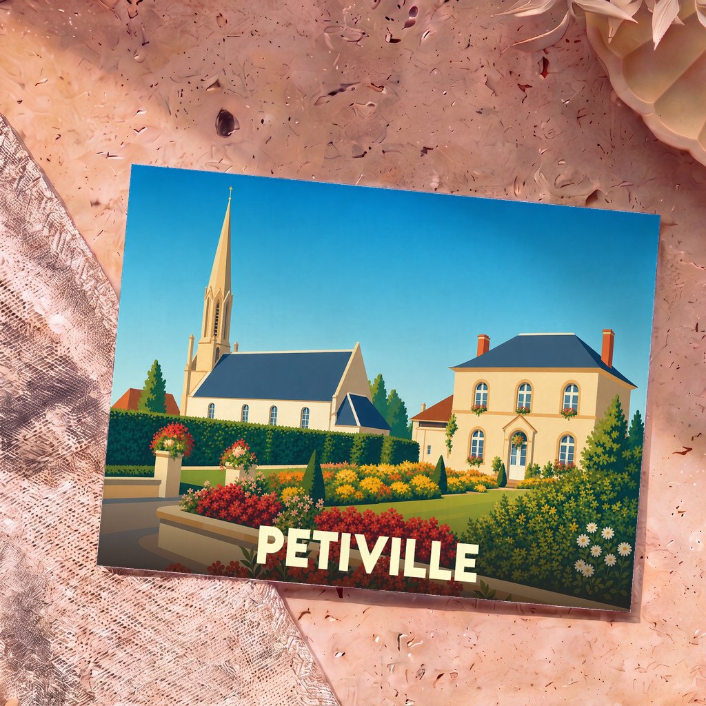 Carte postale souvenir de la ville de Petiville avec une illustration stylisée montrant une église et une maison entourées de jardins fleuris.