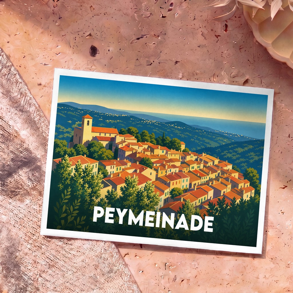 Carte postale souvenir de la ville de Peymeinade avec une illustration stylisée d'un village provençal niché dans les collines.