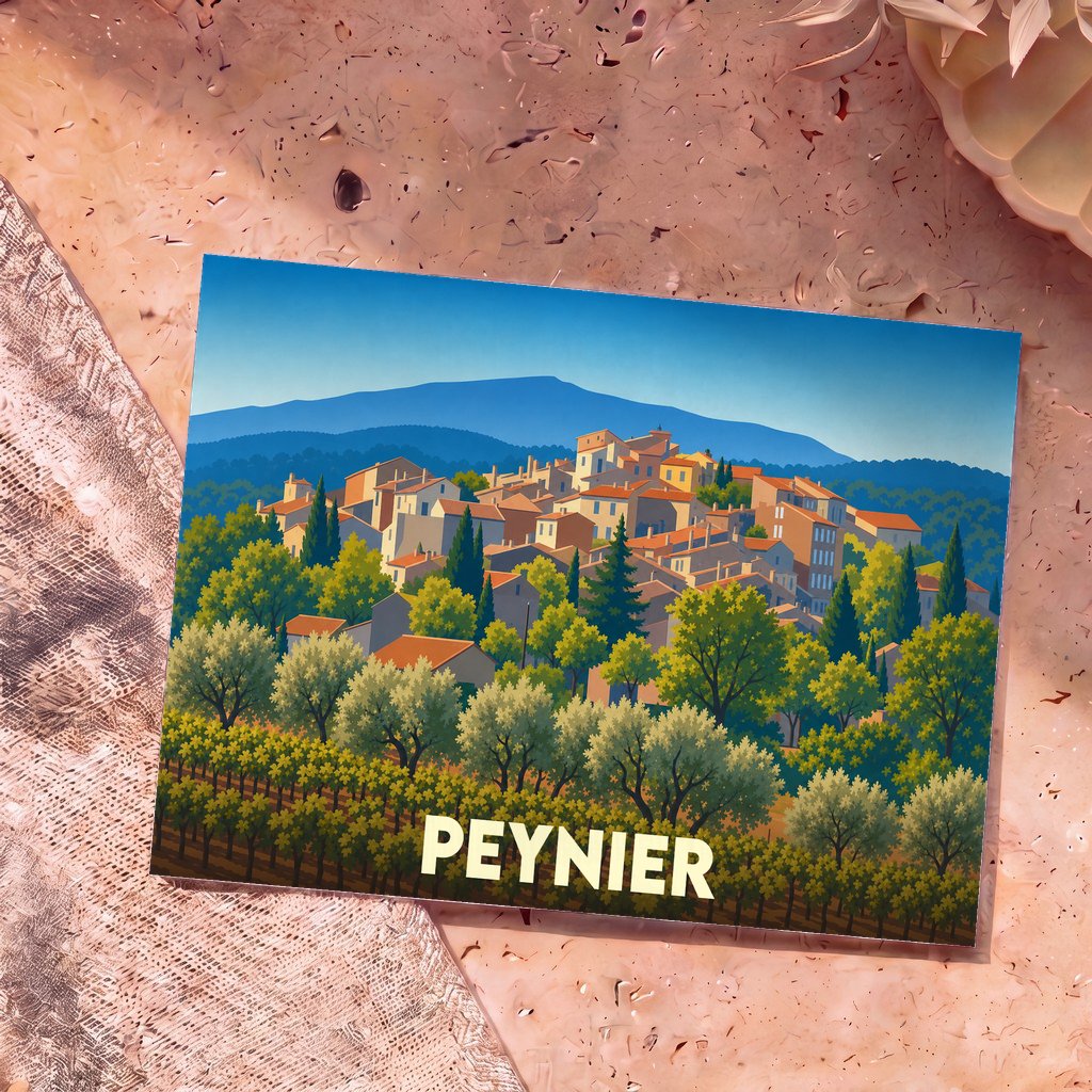 Carte postale souvenir de la ville de Peynier arborant une illustration stylisée d'un village provençal niché dans la végétation.