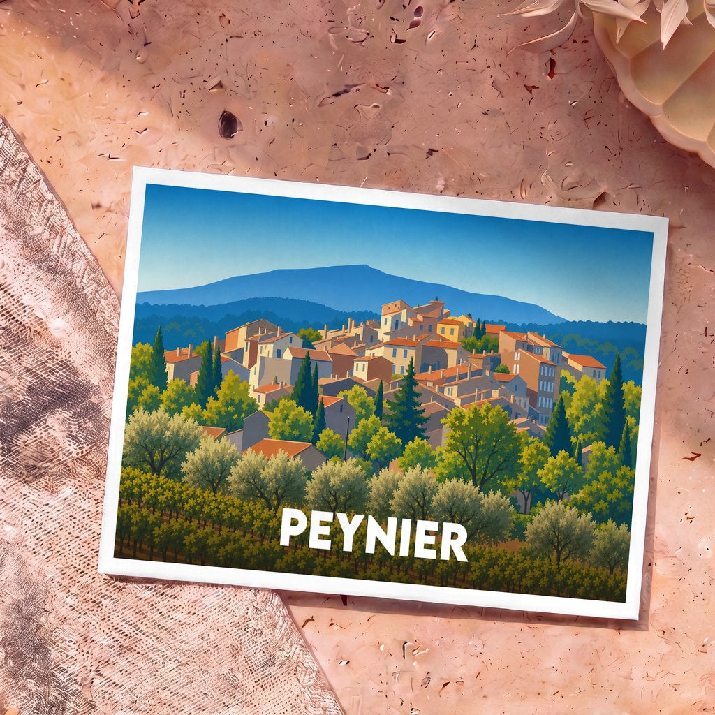 Carte postale souvenir de la ville de Peynier arborant une illustration stylisée d'un village provençal niché dans la végétation.