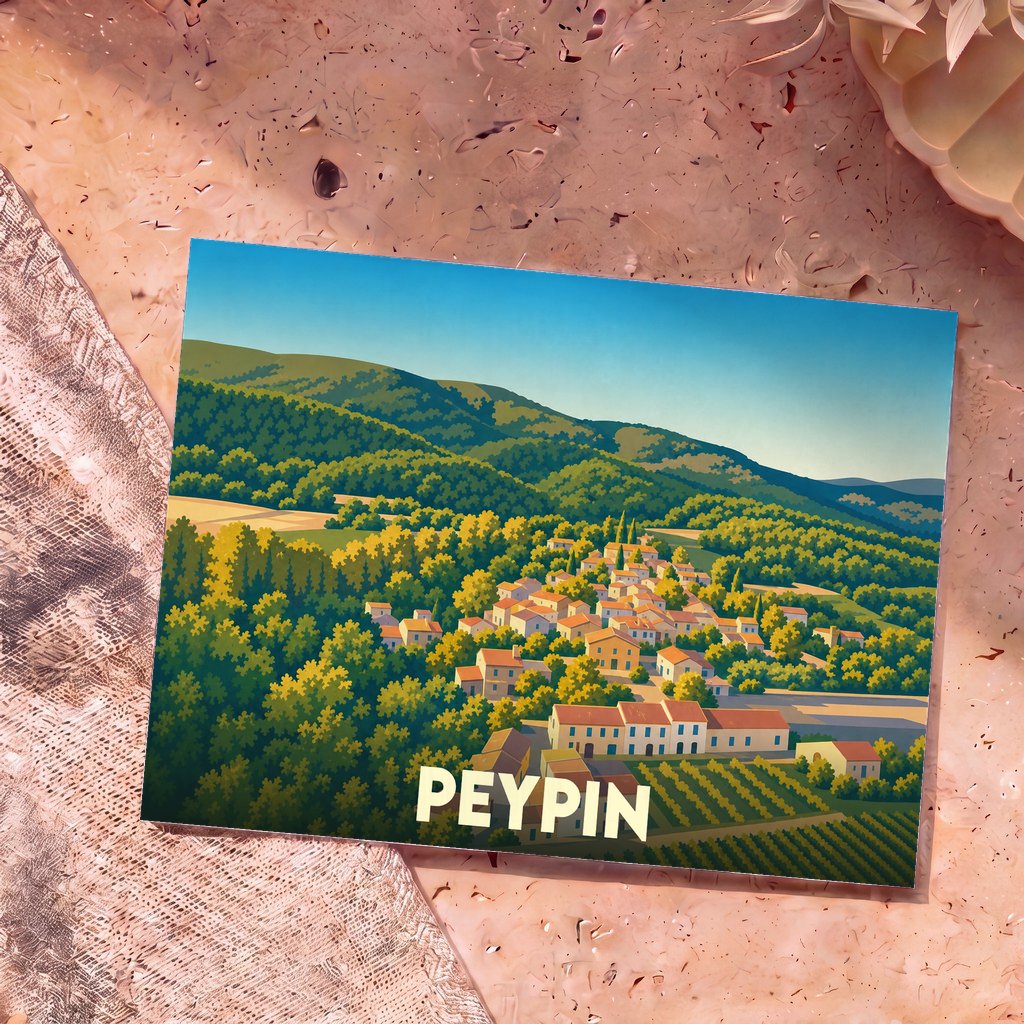 Carte postale souvenir de la ville de Peypin avec une illustration stylisée d'un village niché dans une vallée boisée.