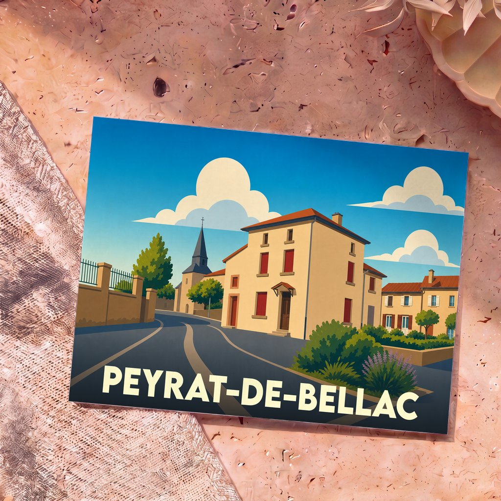 Carte postale souvenir de Peyrat-de-Bellac avec une illustration stylisée du village.