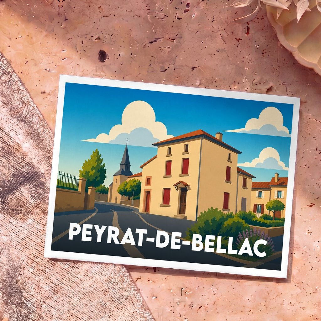 Carte postale souvenir de Peyrat-de-Bellac avec une illustration stylisée du village.