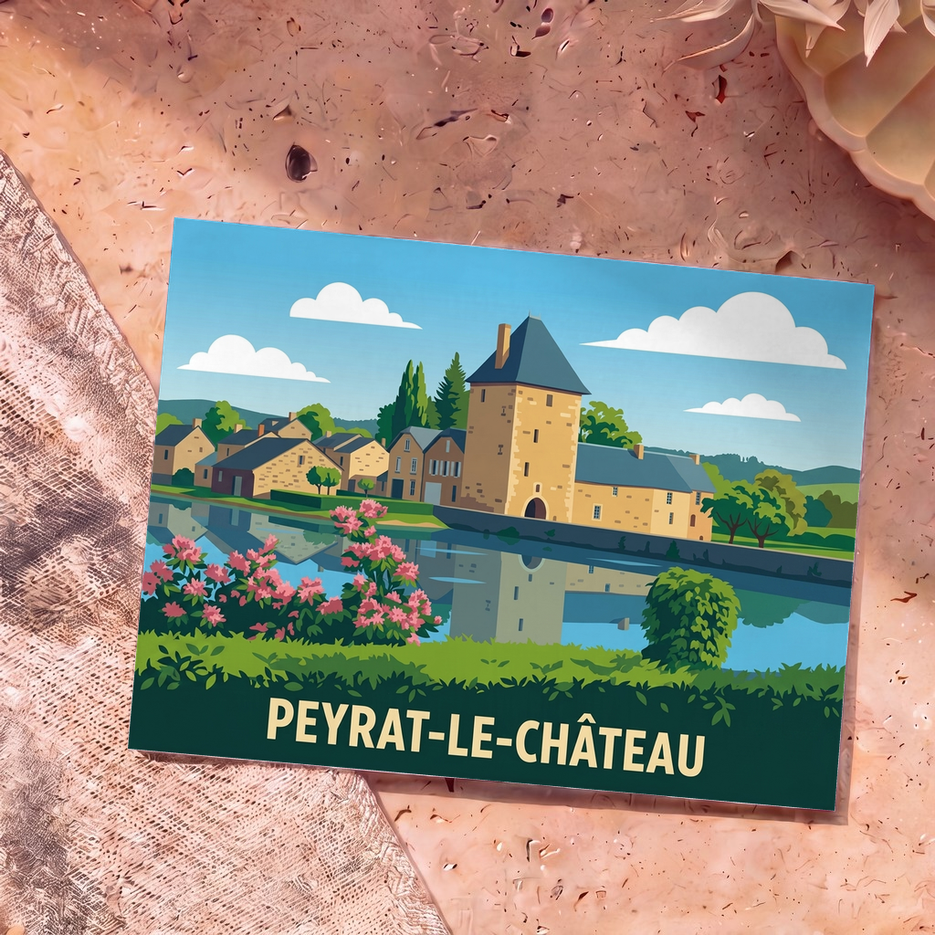 Carte postale souvenir de la ville de Peyrat-le-Château avec une illustration stylisée.