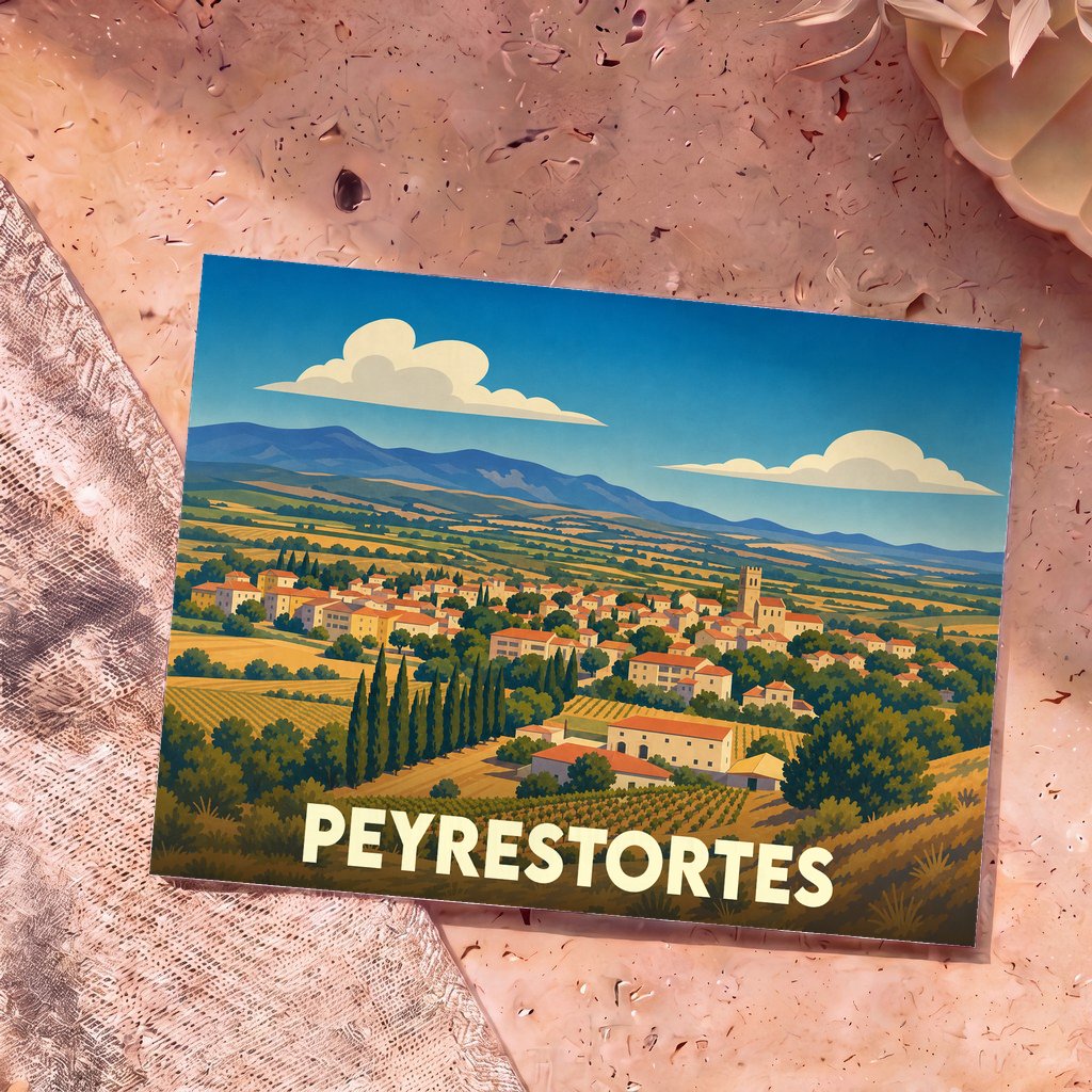 Carte postale souvenir de la ville de Peyrestortes avec une illustration stylisée de son paysage vallonné.