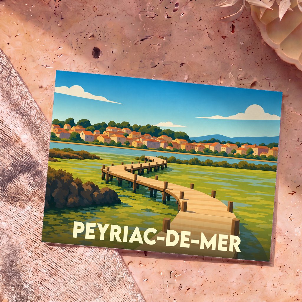 Carte postale souvenir de la ville de Peyriac-de-Mer illustrant un ponton en bois sur l'étang face au village.