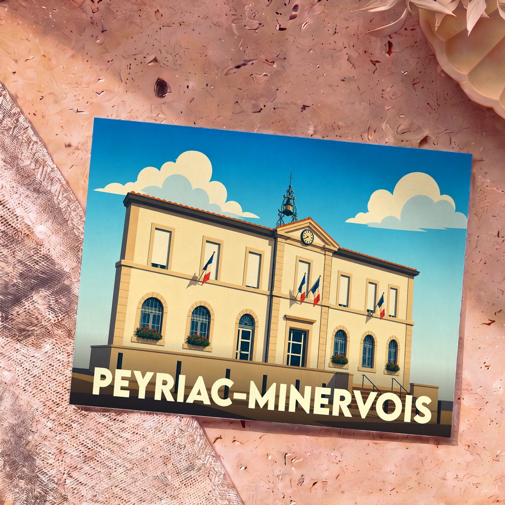 Carte postale souvenir de la ville de Peyriac-Minervois avec une illustration stylisée de la mairie sous un ciel bleu.